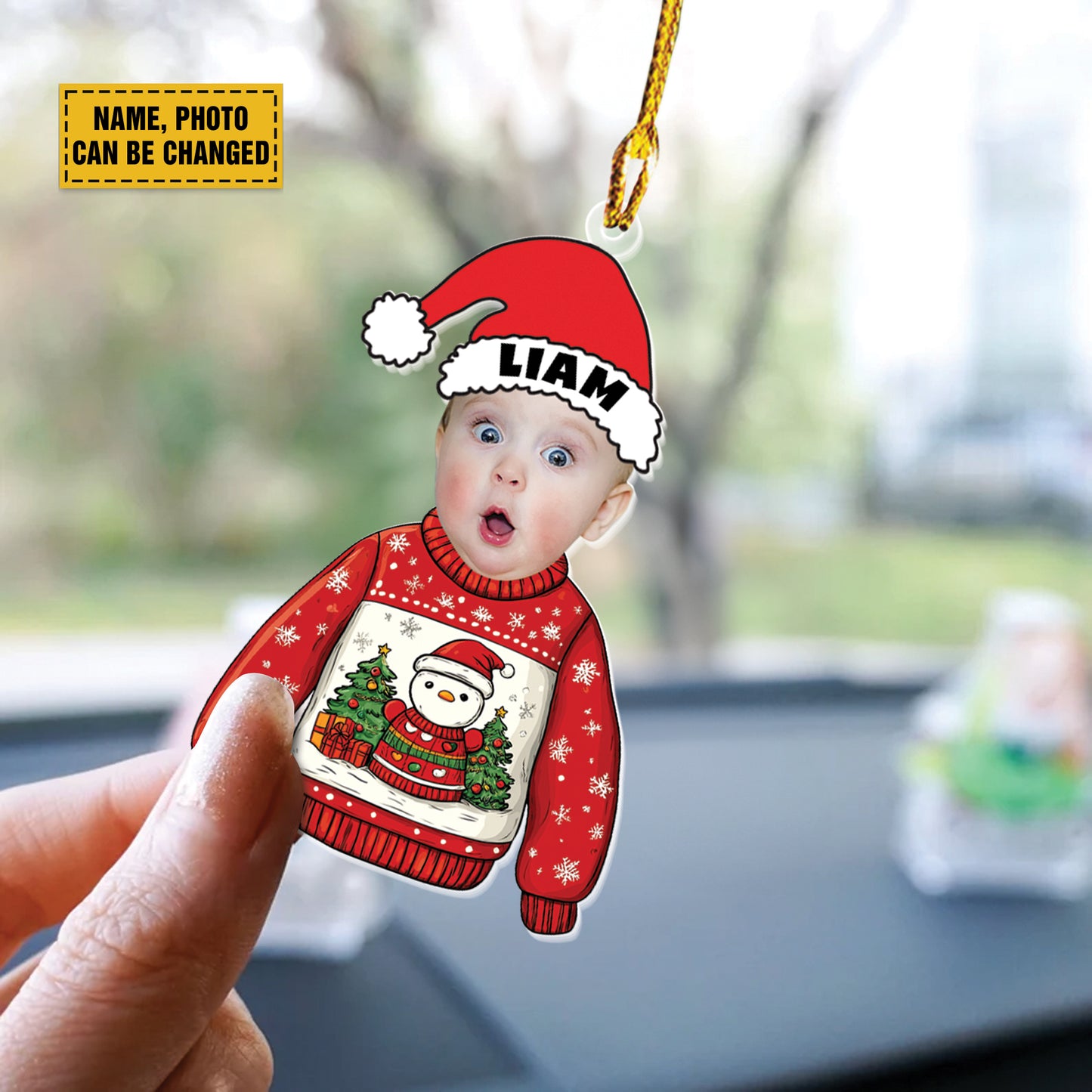 Teesdily | Customized Christmas Ugly Sweater Kid Ornament, Baby Photo Sweatshirt Ornament Christmas, Kid Hat Santa Christmas Gift