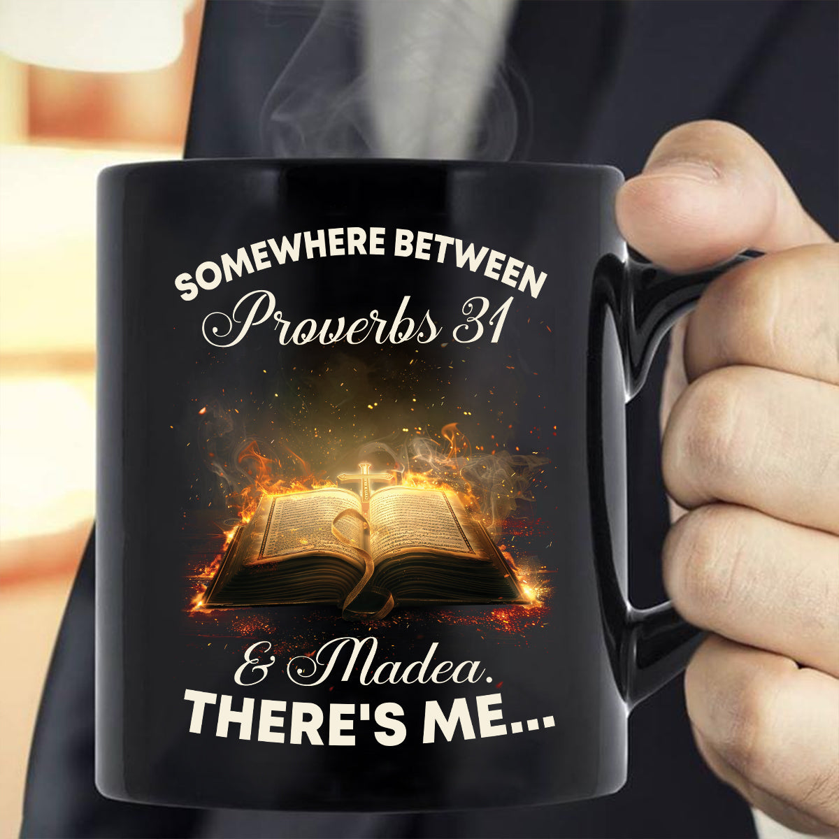 Teesdily | Holy Bible Book Jesus Shirt, Somewhere Between Proverbs 31 & Madea There's Me Shirt, Christian Book Sweatshirt Hoodie Mug, Jesus Gifts