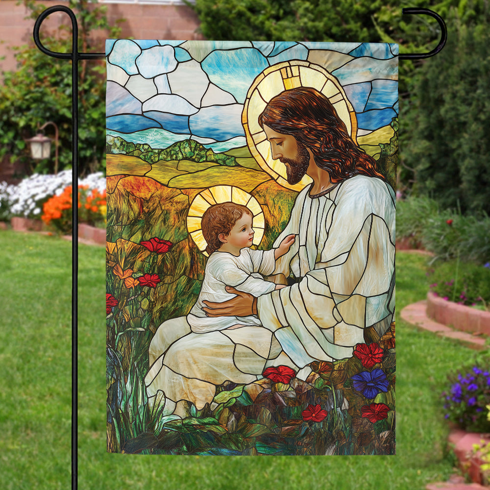 Teesdily | Jesus Blessing The Children Garden Flag, God With Children Flower Stained Glass Printed Flag Yard, Christmas House Flag