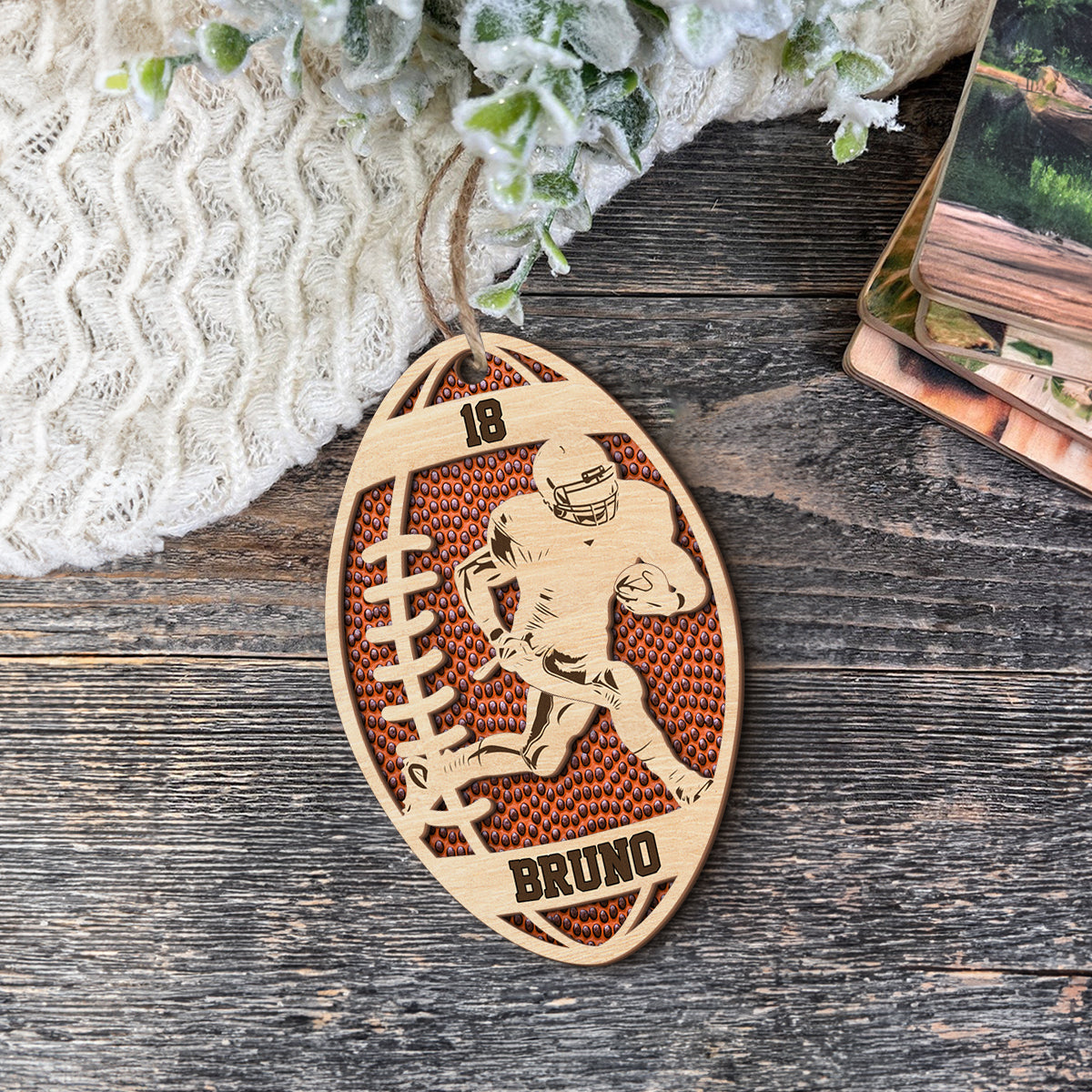 Teesdily | Personalized Football Wood Christmas Ornament, Custom Name Number Football Player, Sports Team Ornament, Christmas Gift