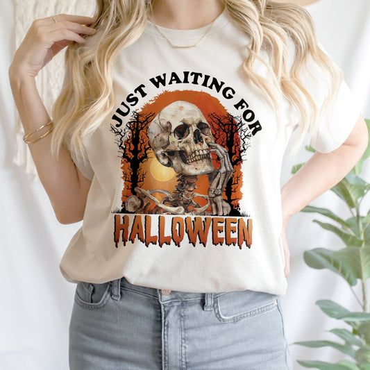 Teesdily | Halloween Cool Skeleton Shirt, Skeleton Just Waiting For Halloween Shirt, Funny Skeleton Sweatshirt Hoodie Mug, Horror Halloween Gifts