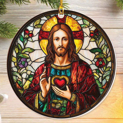 Teesdily | Jesus Christmas Ornament, Jesus Christ Sacred Heart Stained Glass Print Ornament, Nativity Christian Christmas Gift