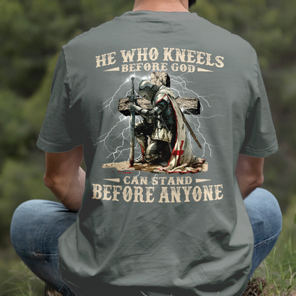 Teesdily | He Who Kneels Before God Shirt, Jesus Warrior Sweatshirt, Christian Cross Faith Hoodie Mug, Religious Gift Men