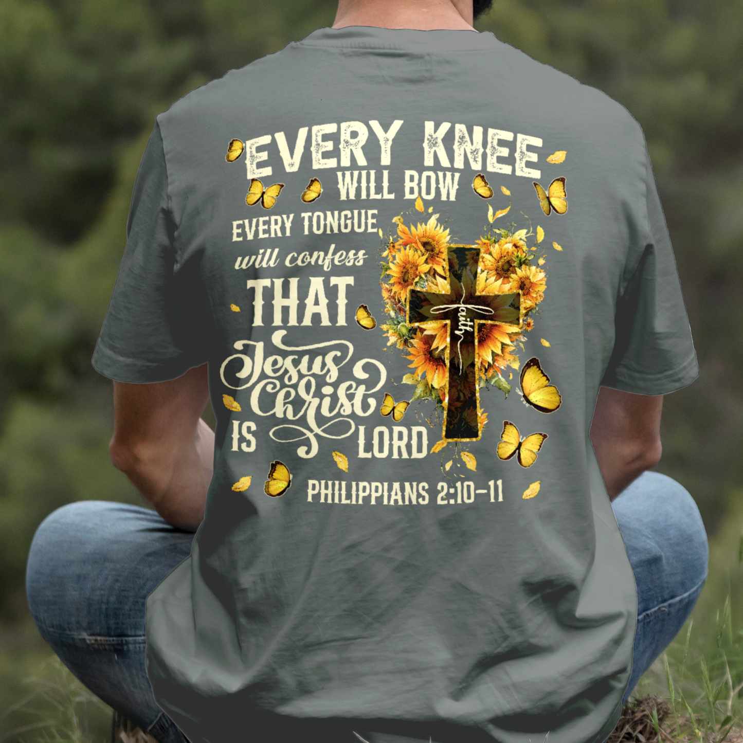 Teesdily | Every Knee Shall Bow Shirt, Every Tongue Shall Confess Sweatshirt, Bible Verse Sunflower Cross Jesus Hoodie Mug Gift