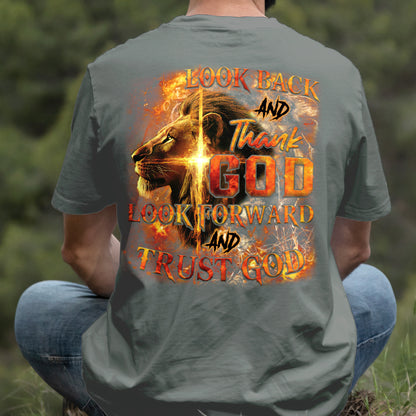 Teesdily | Look Back And Thank God Shirt, Jesus Christ Lion Cross Sweatshirt, Look Forward And Trust God Hoodie Mug, Religious Gift