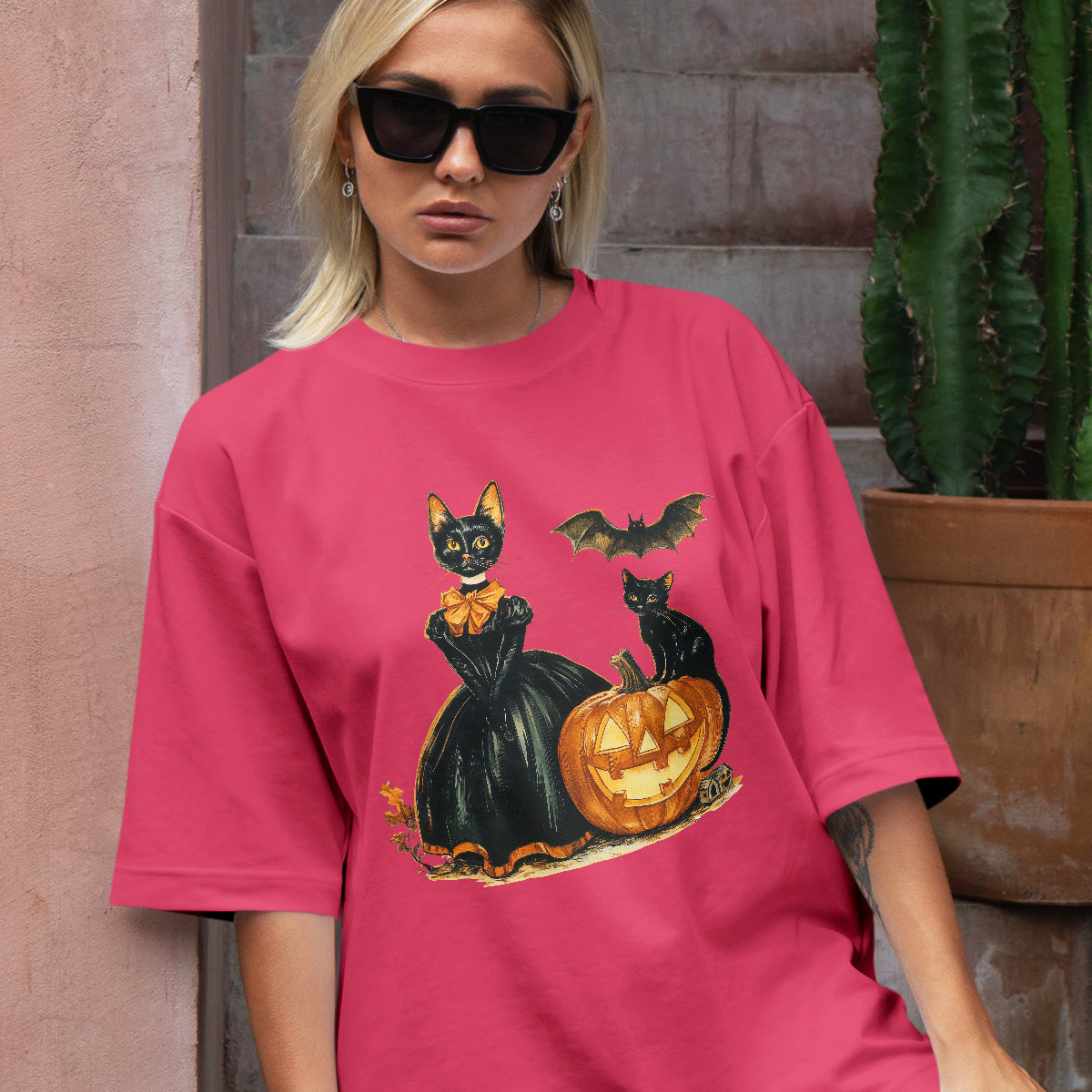 Teesdily | Childless Cat Lady Full Color Shirt, Halloween Pumpkin Witch And Cat Sweatshirt, Witchy Black Cat Hoodie Mug