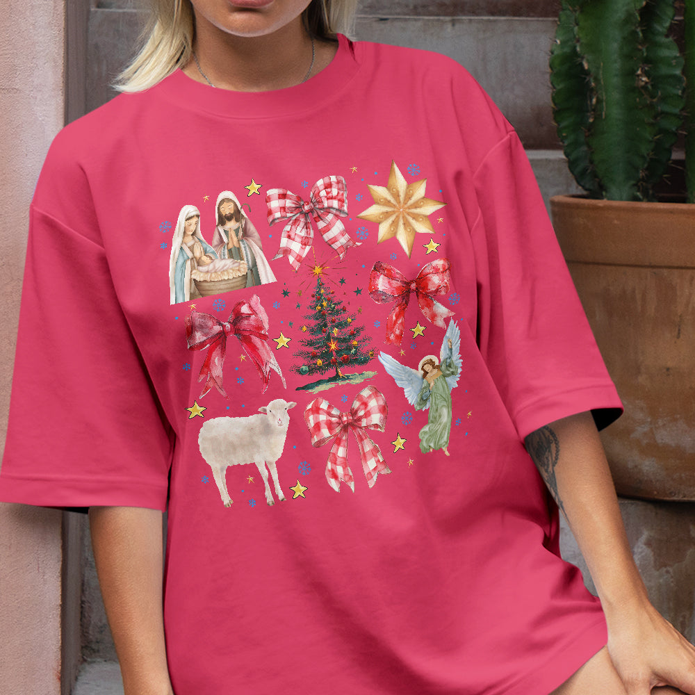 Teesdily | Red Coquette Jesus Nativity Shirt, Holy Night Tee Sweatshirt Hoodie Mug, Jesus Lovers Christmas Gift, Xmas Coquette