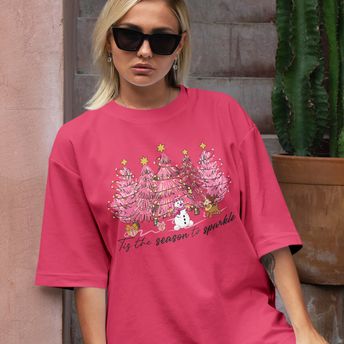 Teesdily | Pink Christmas Tree Snowman Christmas Shirt, Tis The Season To Sparkle Tee Sweatshirt Hoodie Mug, Christmas Gift