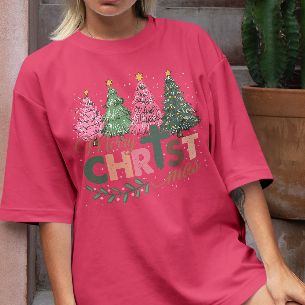 Teesdily | Merry Christmas Shirt, Jesus Christmas T-shirt, Christian Christmas Tree Sweatshirt, Holiday Christmas Hoodie Mug Gift