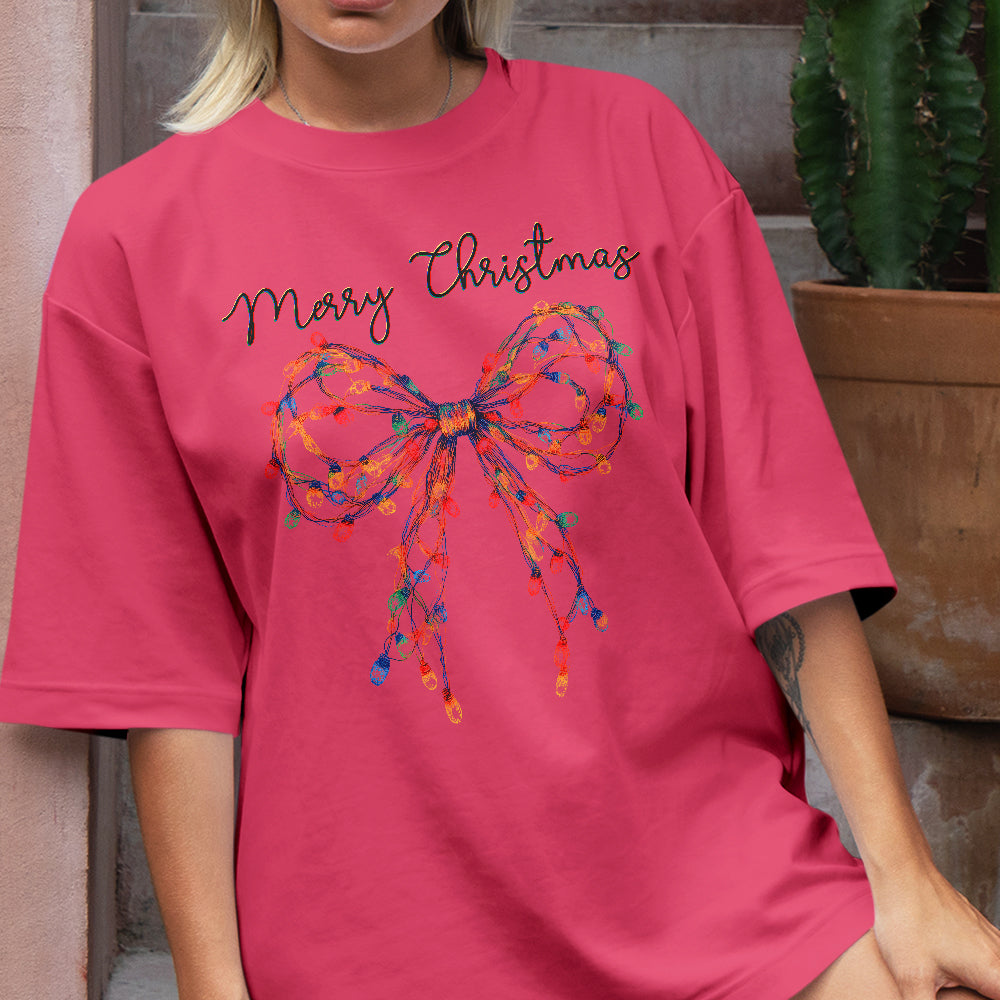 Teesdily | Merry Christmas Bow Light Shirt, Christmas Coquette Bow Sweatshirt, Merry And Bright Lights Bow Hoodie Mug For Women