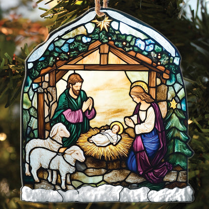 Teesdily | Nativity Scene Acrylic Ornament , Nativity Jesus Snowy House Christmas Ornament, Religious Jesus Lover Gift