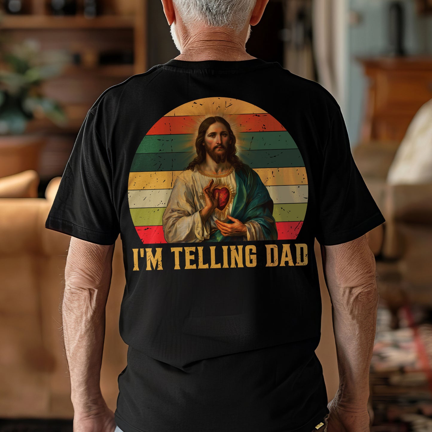 Teesdily | Jesus Sacred Heart Retro Shirt, I'm Telling Dad Shirt, Dad Grandad Vintage Sweatshirt Hoodie Mug, Father's Day Christian Dad Gifts