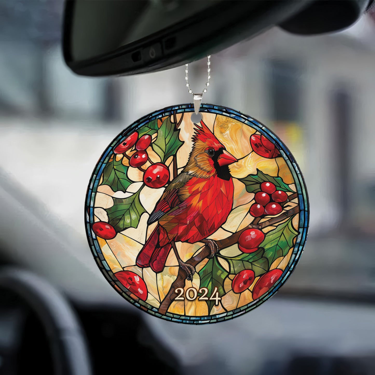 Teesdily | Cardinal Christmas Stained Glass Print Rear View Mirror Accessories, Cardinal Christmas 2024 Rear View Mirror Hanging, Christmas Tree Decor