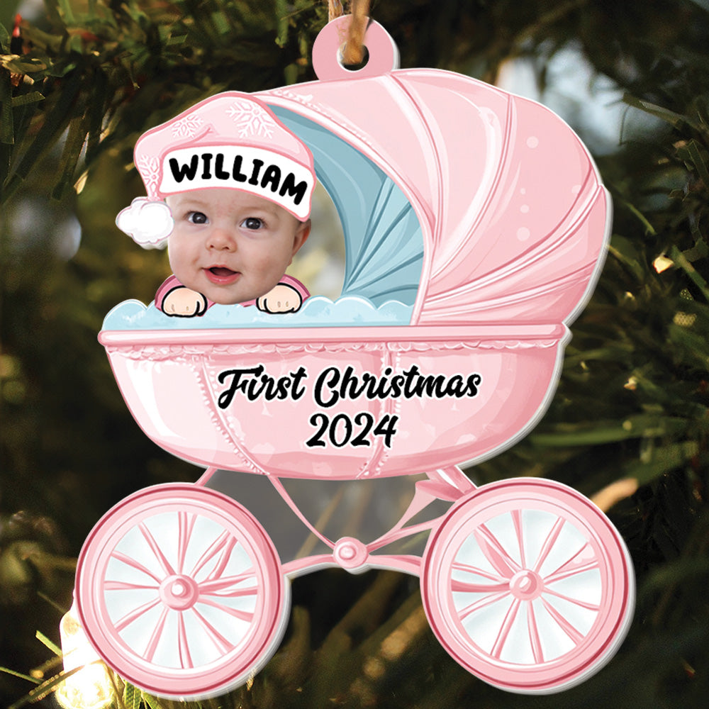 Teesdily | Personalized Baby's First Christmas Ornament, Baby Carriage Acrylic Ornament Christmas, Keepsake Ornament Xmas Gift