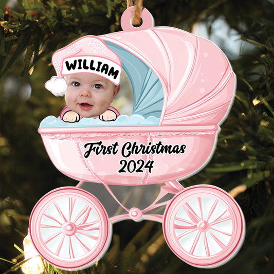 Teesdily | Personalized Baby's First Christmas Ornament, Baby Carriage Acrylic Ornament Christmas, Keepsake Ornament Xmas Gift