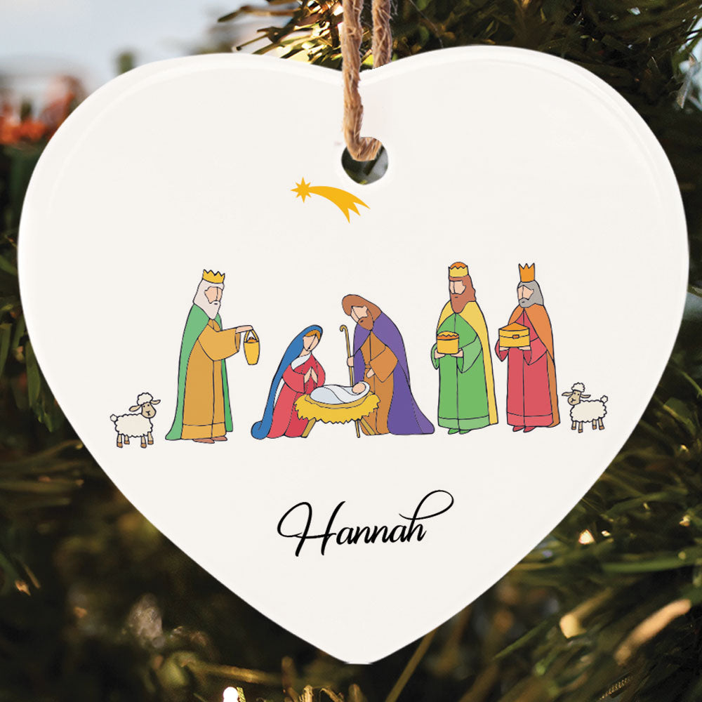 Teesdily | Customized Jesus Nativity Art Heart Ceramic Ornament, Nativity Scene Drawing Christmas Ornament, Jesus Lover Gifts