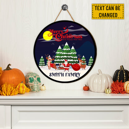 Teesdily | Customized Name Christmas Santa And Deer Moon And Mountain Wood Sign Merry Christmas Home Decoration Front Door Sign