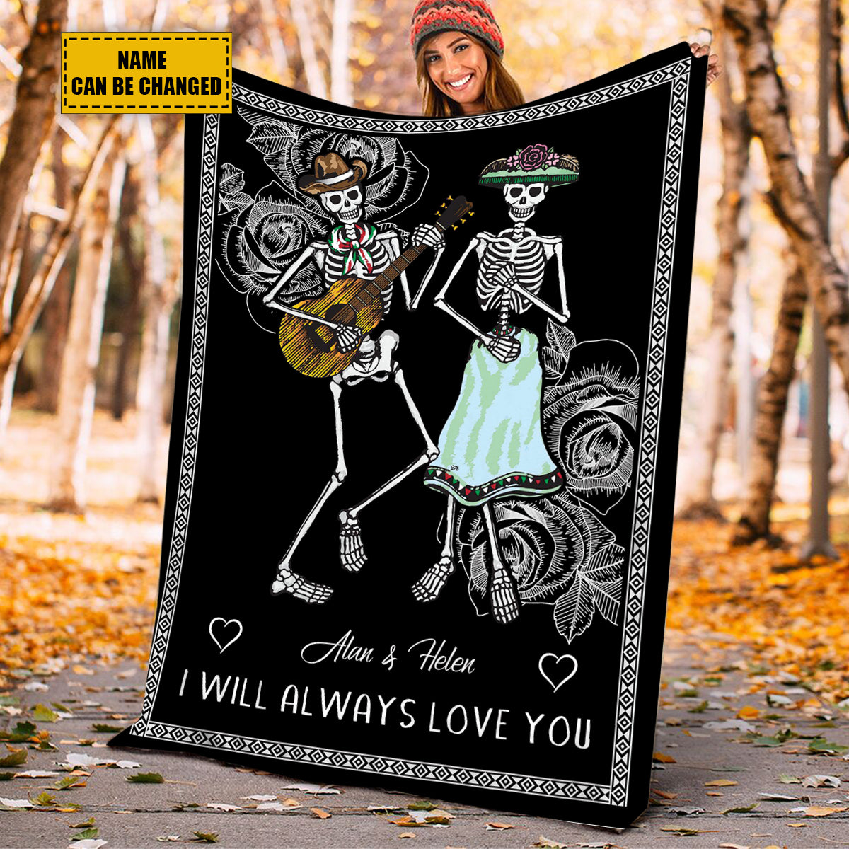 Teesdily | Day Of The Dead Skeleton Couple Personalized Fleece Blanket I Will Always Love You Throw Blanket Couple Halloween Bedroom Decor