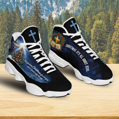 Teesdily | Jesus Christ The Greatest Gift Basketball Shoes, Christmas It's All About Jesus Cross Religious Sport Shoes, Xmas Gift