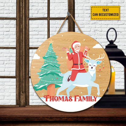 Teesdily | Customized Family Name Santa Claus Riding Reindeer Christmas Wood Sign Merry Christmas Candy Cane Christmas Tree Home Decor