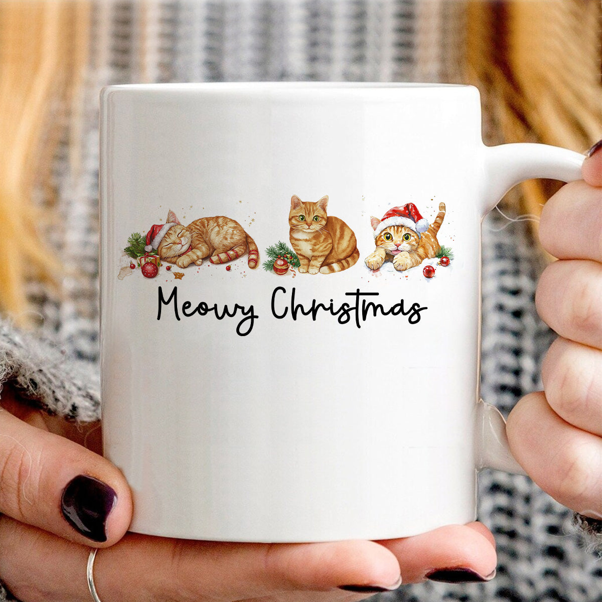 Teesdily | Meowy Christmas Shirt, Meowy Christmas Sweatshirt, Cat Christmas Hoodie Mug, Merry Christmas Cat Shirt, Cat Lover Gift