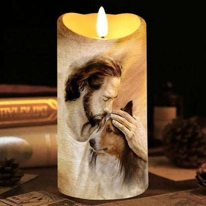 Teesdily | Customized Jesus With Dogs Memorial Led Candle, Pet Sympathy Gift, Dog Mom Gift, Memorial Dog Led Candle