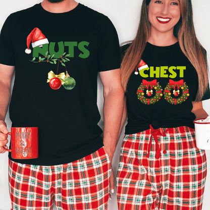 Teesdily | Chest Nuts Matching Christmas Shirt, Funny Couple Shirts, Christmas Couple Sweatshirt, Holiday Matching Family Gift