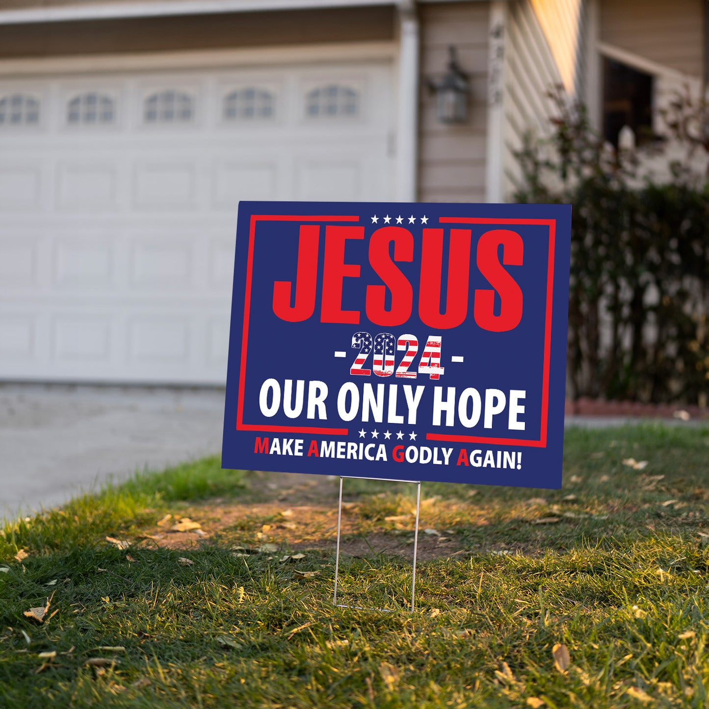 Teesdily | American Flag Jesus Yard Sign, Jesus 2024 Our Only Hope Make America Godly Again Outdoor Sign, Patriotic Flag Lawn Sign Outdoor Decor