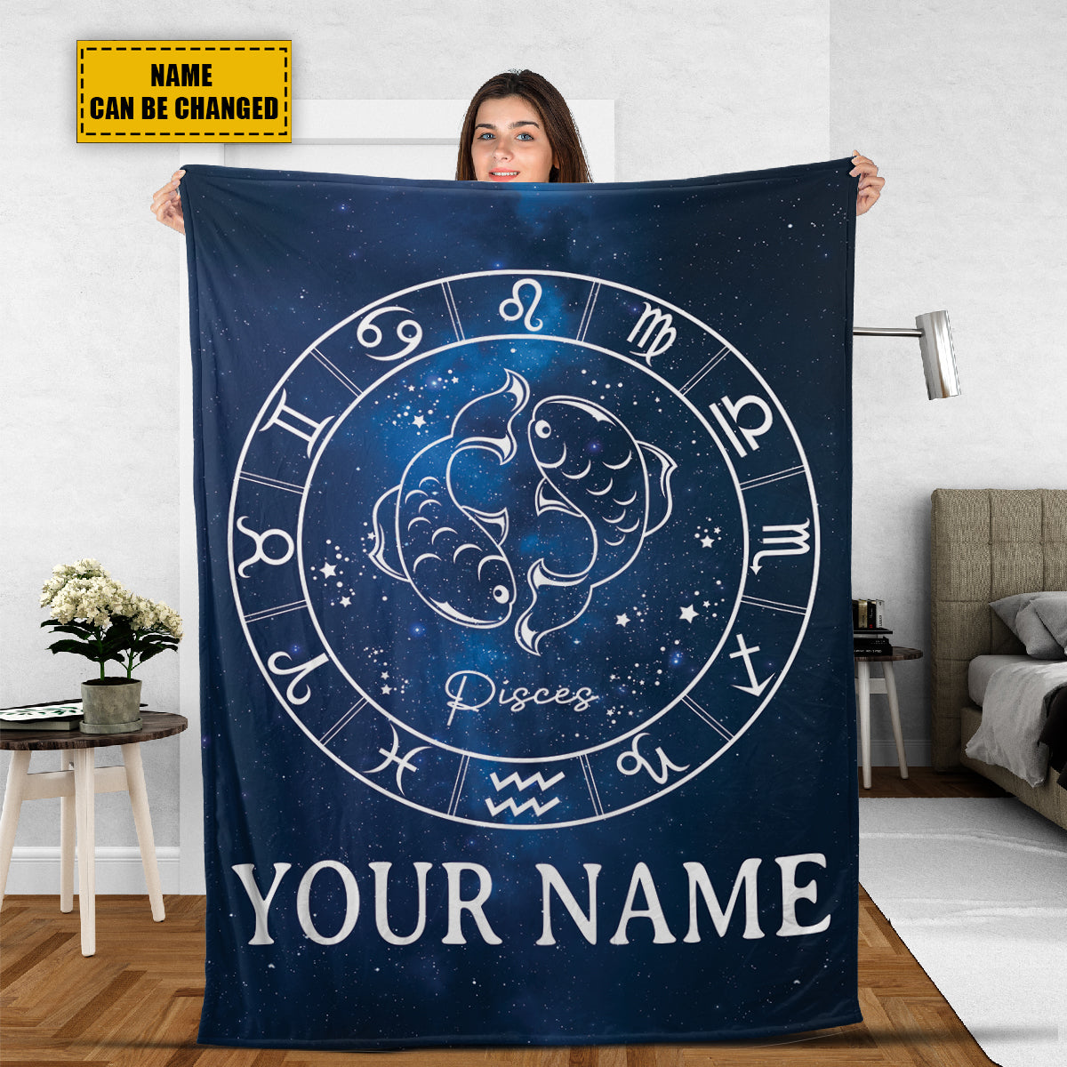 Teesdily | Pisces Personalized Fleece Blanket With Name Horoscope Design Sherpa Blanket Zodiac Sign Constellation Astrology Adult Kid Birthday Gifts