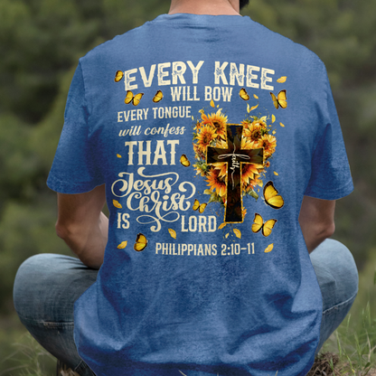 Teesdily | Every Knee Shall Bow Shirt, Every Tongue Shall Confess Sweatshirt, Bible Verse Sunflower Cross Jesus Hoodie Mug Gift