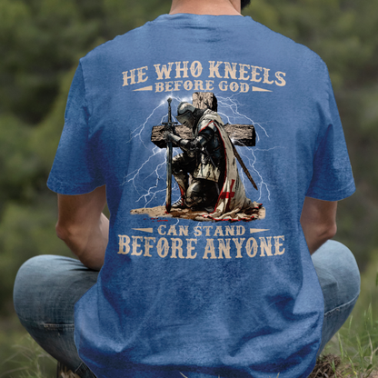 Teesdily | He Who Kneels Before God Shirt, Jesus Warrior Sweatshirt, Christian Cross Faith Hoodie Mug, Religious Gift Men