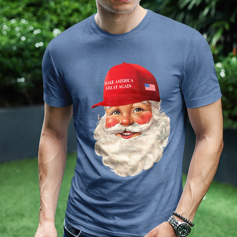 Teesdily | Santa Make Christmas Great Again Shirt, Funny Santa Christmas Sweatshirt, American Flag Santa Hoodie Mug, Xmas Gift