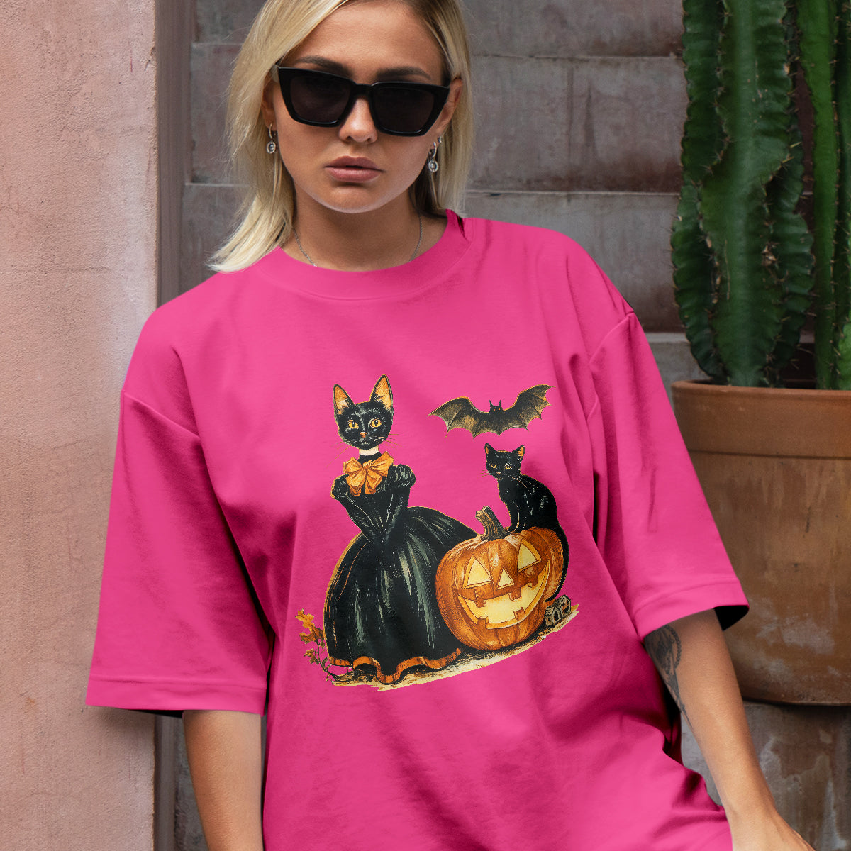 Teesdily | Childless Cat Lady Full Color Shirt, Halloween Pumpkin Witch And Cat Sweatshirt, Witchy Black Cat Hoodie Mug