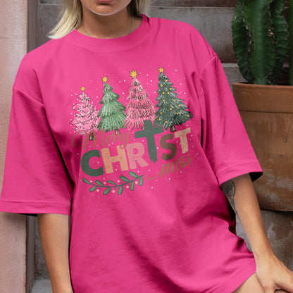 Teesdily | Merry Christmas Shirt, Jesus Christmas T-shirt, Christian Christmas Tree Sweatshirt, Holiday Christmas Hoodie Mug Gift