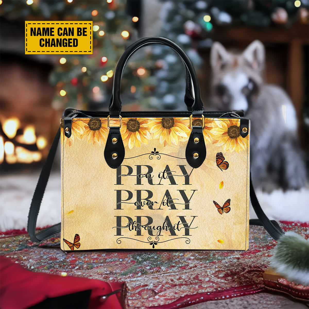 Teesdily | Customized Jesus Sunflower Butterfly Jesus Pray Bag, Pray On It Pray Over It Pray Through It Leather Bag, Christmas Gift For Mom Sister