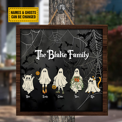 Teesdily | Personalized Ghost Family Halloween Wood Sign, Family Members With Pets Halloween Gifts, Halloween Decor Sign, Spooky Season Home Decor