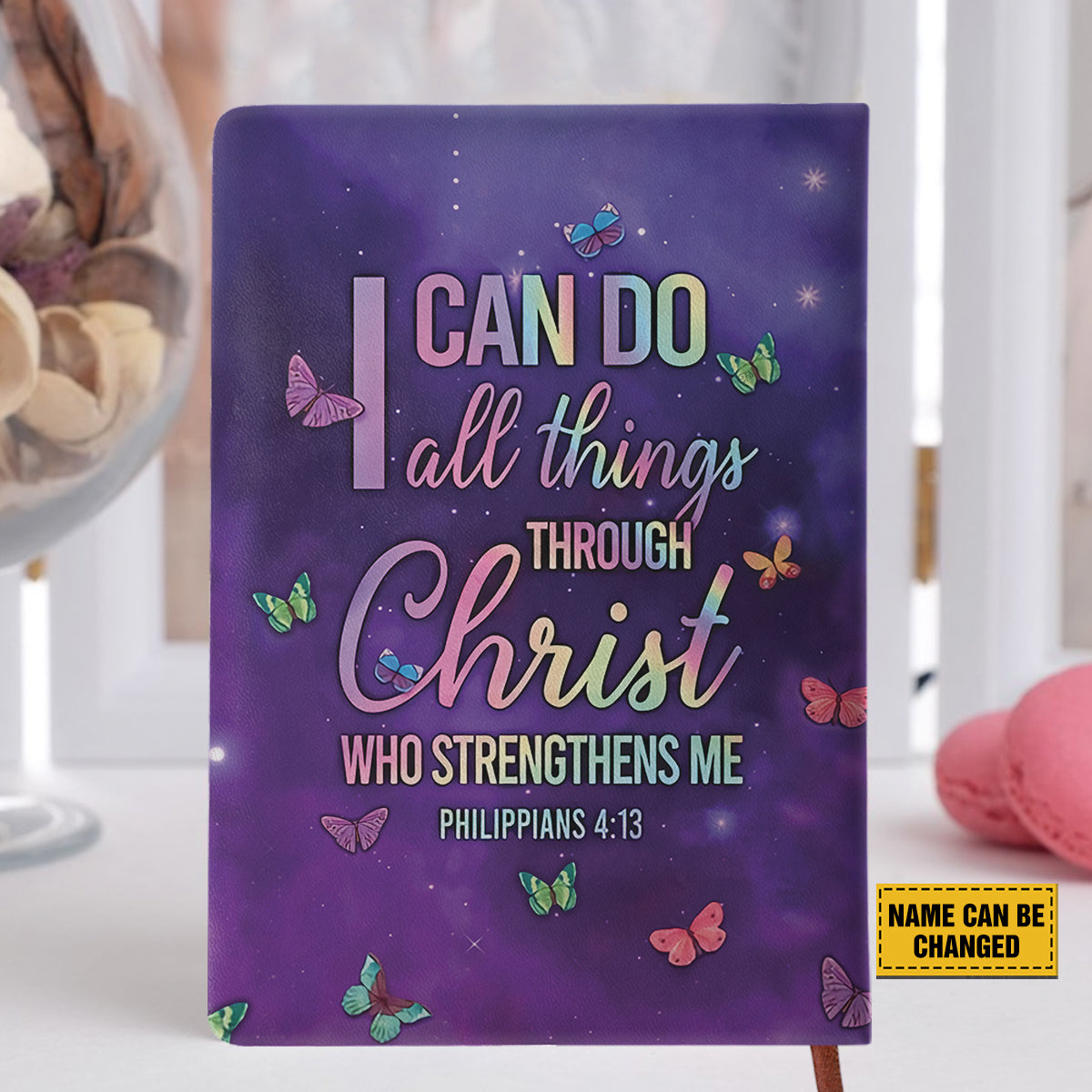 Teesdily | Customized Faith Cross Butterfly Bible Notebook I Can Do All Things Through Christ Bible Journal Jesus Lover Christian Leather Journal