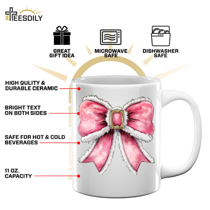 Teesdily | Pink Bow Christmas Shirt, Christmas Coquette Sweatshirt, Pink Coquette Bow Santa Hoodie Mug, Matching Family Gift