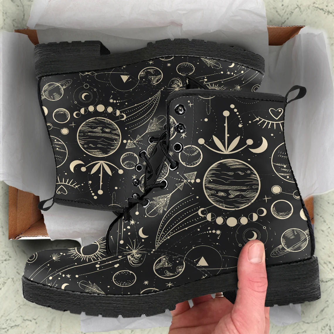 Teesdily | Sun And Moon Leather Boots, The Universe Boots Shoes Space Lovers Gift, All Over Print Unisex Leather Boots Full Size