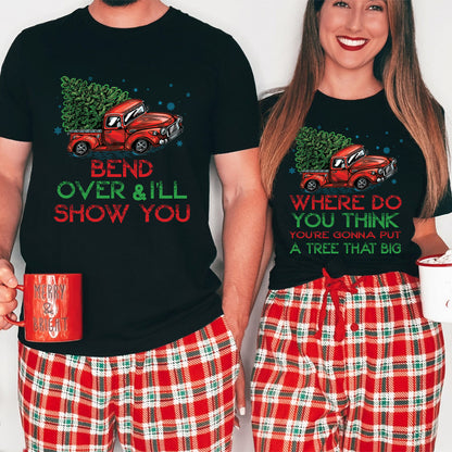 Teesdily | Bend Over And I'll Show You Christmas Couple Shirt, Christmas Vacation Matching Shirt Hoodie Mug, Red Truck Car Sweatshirt