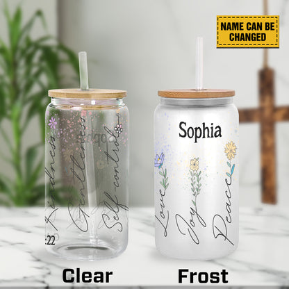 Teesdily | Custom Jesus Wildflower Glass Can, Love Joy Peace Patience Kindness Faithfulness Cup, God Lover Gift, God Frosted Glass Can With Straw