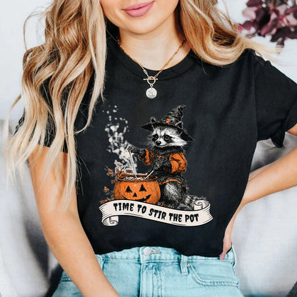 Teesdily | Retro Witch Raccoon Shirt, Time To Stir The Pot Sweatshirt, Raccoon Pumpkin Pot Hoodie Mug, Halloween Costume Family