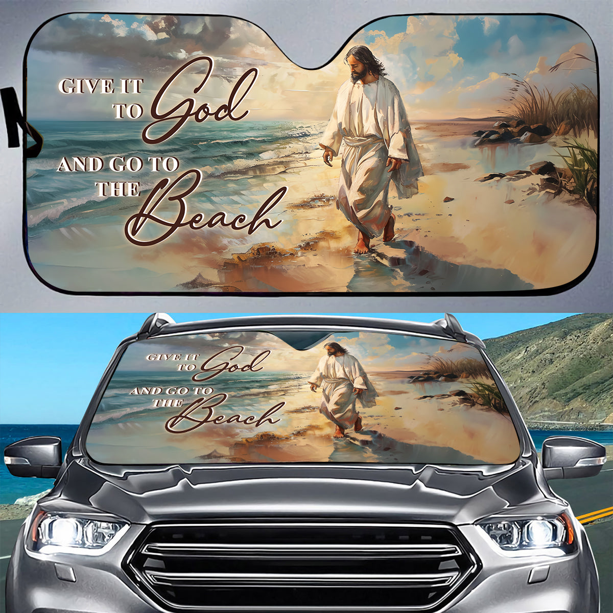 Teesdily | Jesus Beach Car Windshield Sun Shade, Give It To God And Go To The Beach Car Window Sunshade, Christian Religious Folding Sun Shade