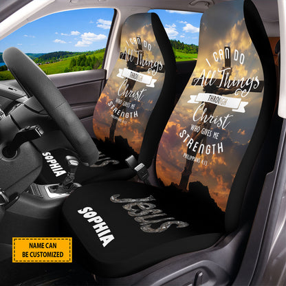 Teesdily | Custom Jesus Cross Car Seat Cover, I Can Do All This Through Him Who Gives Me Strength Front Seat Protector, Jesus Lover Gift, Car Decor