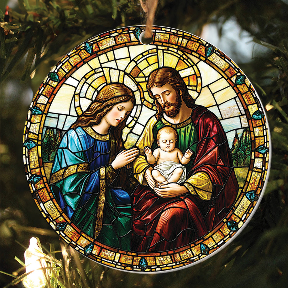 Teesdily | Jesus Christmas Ornament, Jesus Christ Sacred Heart Stained Glass Print Ornament, Nativity Christian Christmas Gift