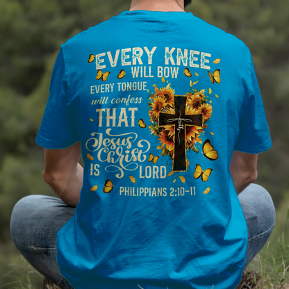 Teesdily | Every Knee Shall Bow Shirt, Every Tongue Shall Confess Sweatshirt, Bible Verse Sunflower Cross Jesus Hoodie Mug Gift