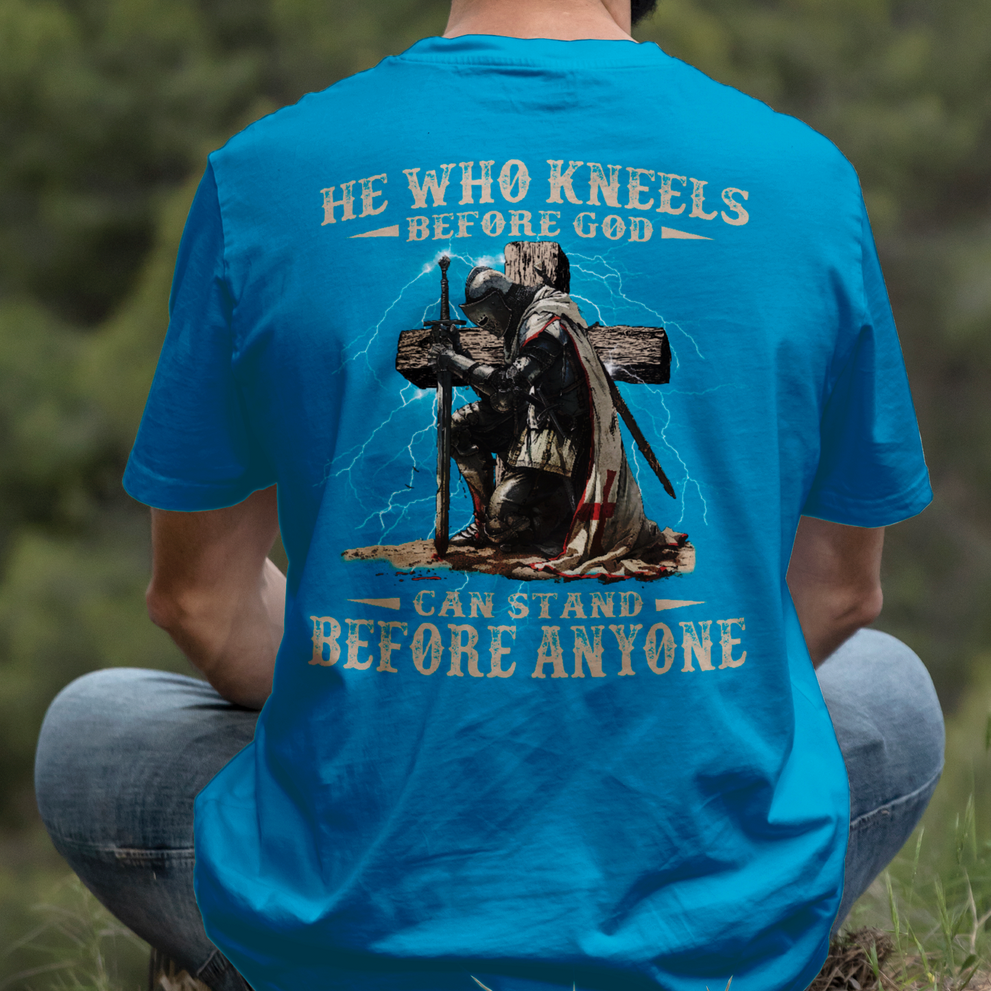 Teesdily | He Who Kneels Before God Shirt, Jesus Warrior Sweatshirt, Christian Cross Faith Hoodie Mug, Religious Gift Men