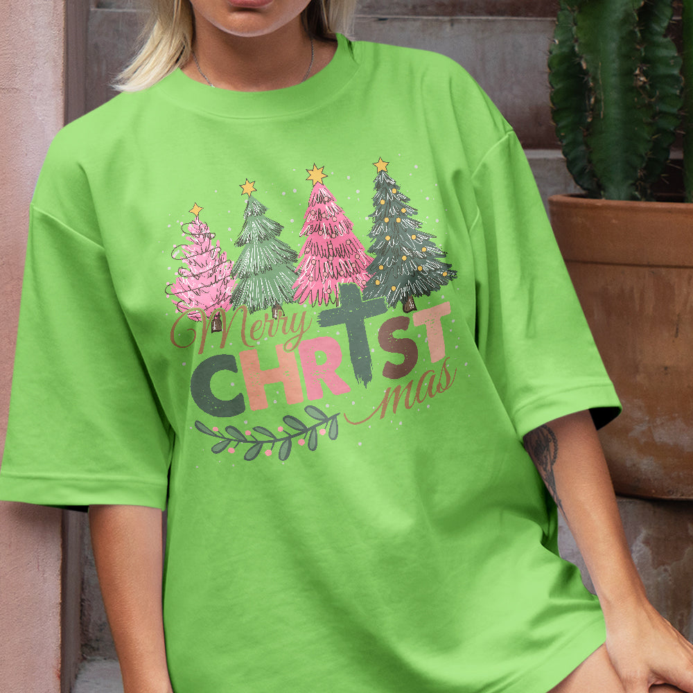 Teesdily | Merry Christmas Shirt, Jesus Christmas T-shirt, Christian Christmas Tree Sweatshirt, Holiday Christmas Hoodie Mug Gift