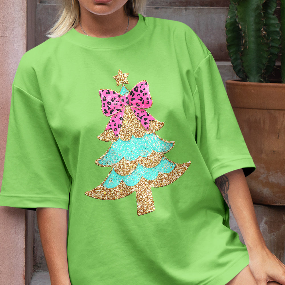 Teesdily | Christmas Tree Bow Shirt, Christmas Coquette Bow Glitter Leopard Sweatshirt, Christmas Hoodie Mug For Women