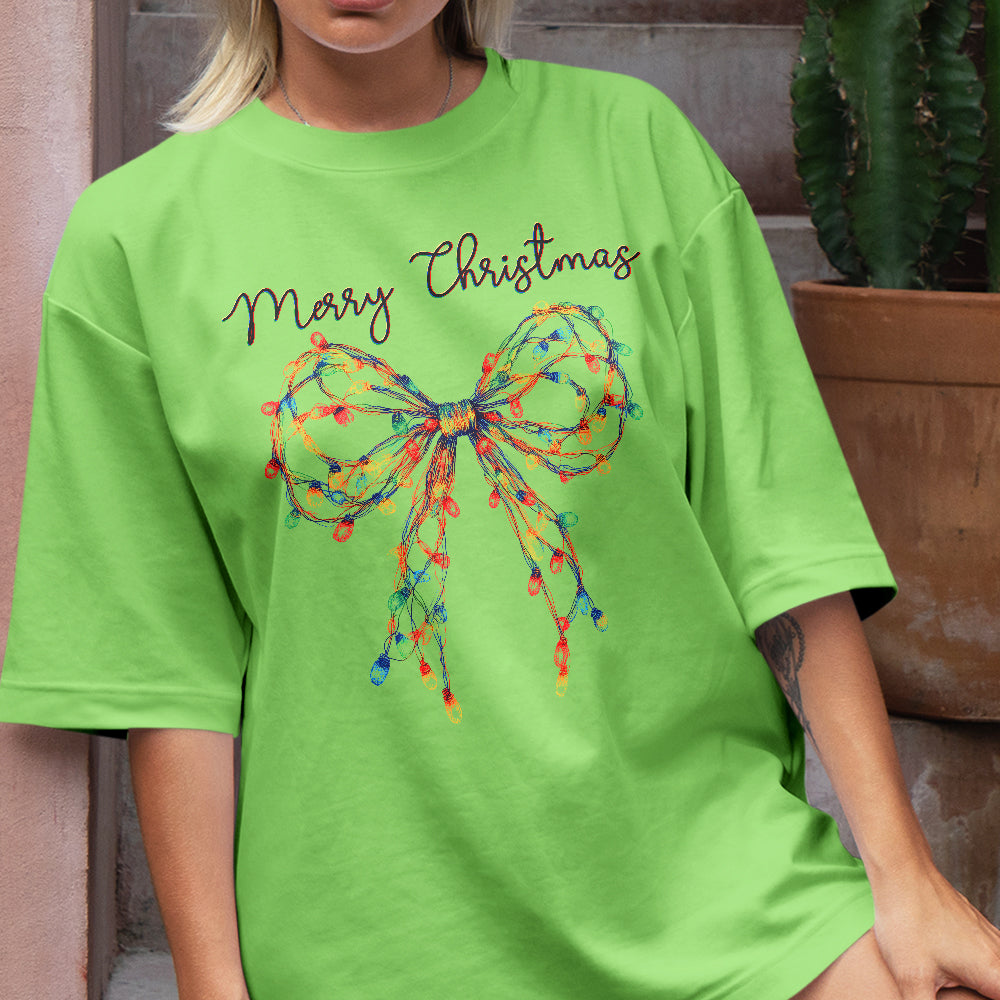 Teesdily | Merry Christmas Bow Light Shirt, Christmas Coquette Bow Sweatshirt, Merry And Bright Lights Bow Hoodie Mug For Women